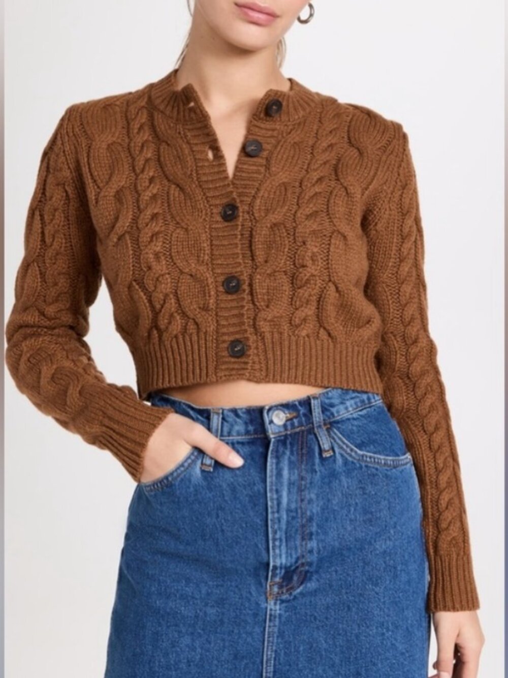 FRAME Brown Merino Wool Cable Knit Cropped Cardigan Sweater, Size S.